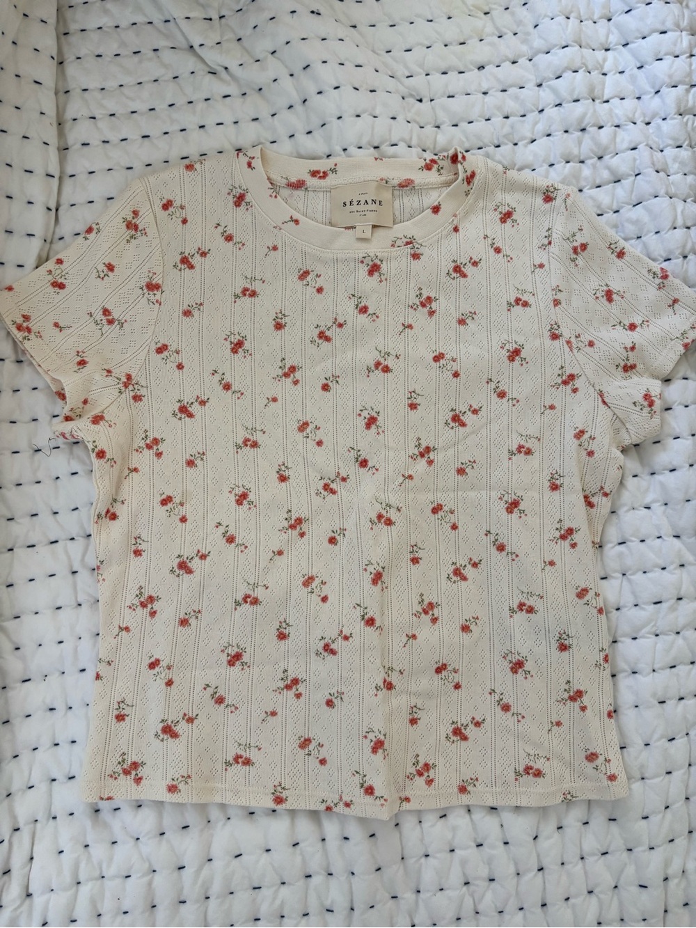 Sezane Cream Floral Short Sleeve Top